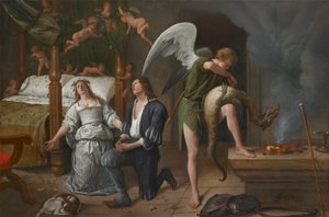 Tobias en Sarah bidden terwijl Rafael de demon bindt door Jan Havickszoon Steen